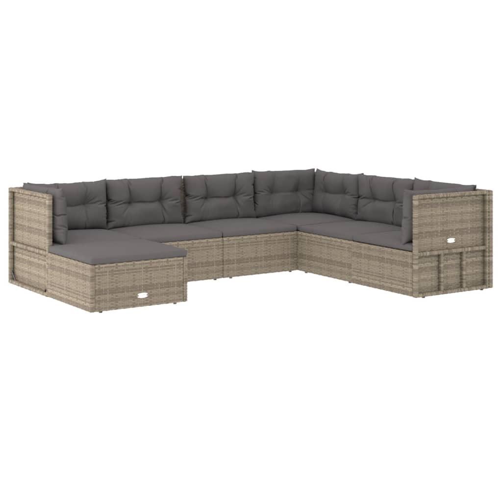 vidaXL 7 Piece Patio Lounge Set with Cushions Gray Poly Rattan-2