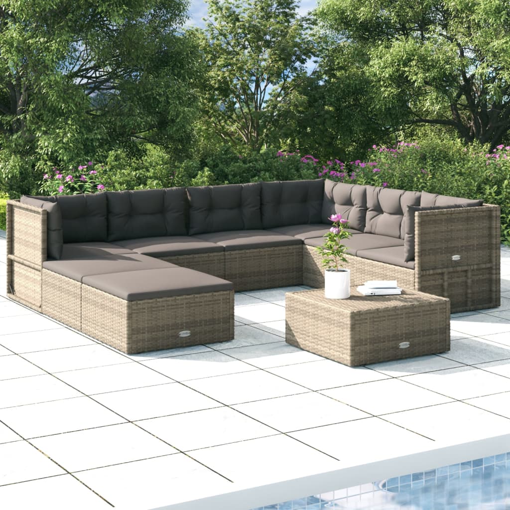 vidaXL 8 Piece Patio Lounge Set with Cushions Gray Poly Rattan-0