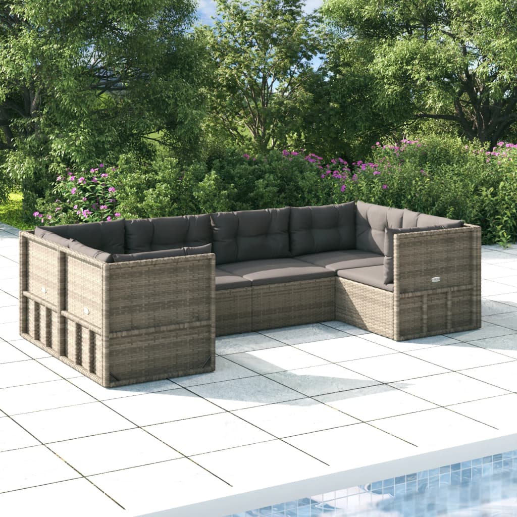 vidaXL 6 Piece Patio Lounge Set with Cushions Gray Poly Rattan-0