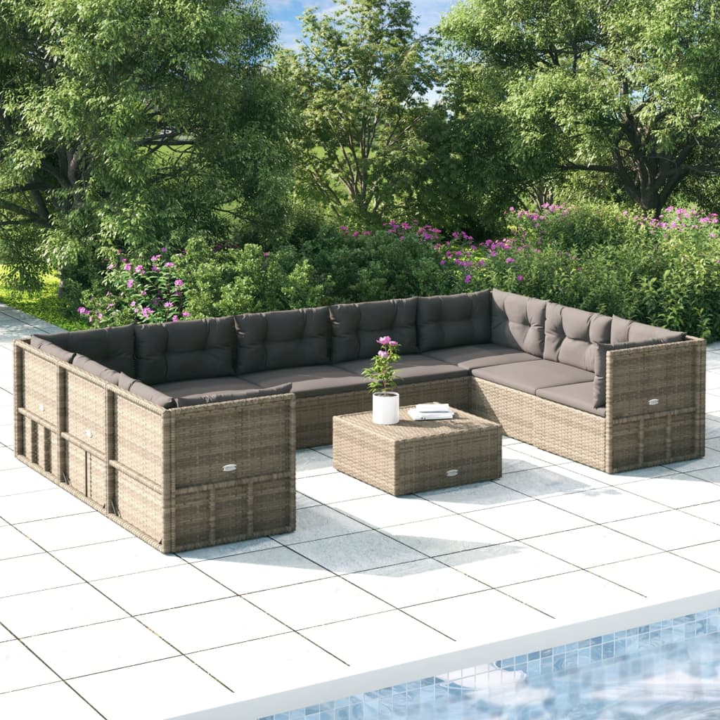 vidaXL 9 Piece Patio Lounge Set with Cushions Gray Poly Rattan-0