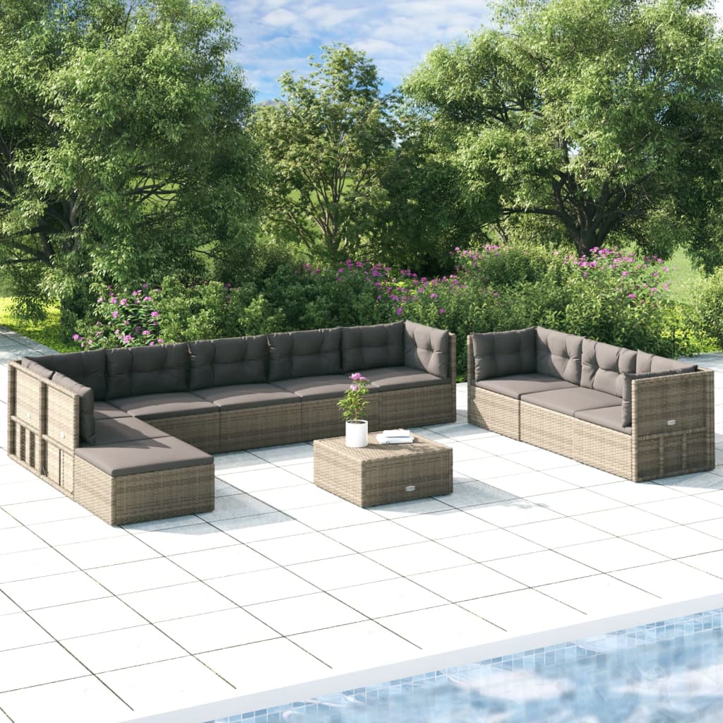 vidaXL 10 Piece Patio Lounge Set with Cushions Gray Poly Rattan-0