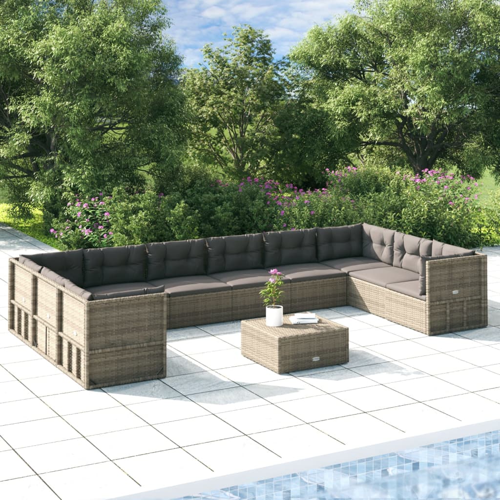 vidaXL 10 Piece Patio Lounge Set with Cushions Gray Poly Rattan-0