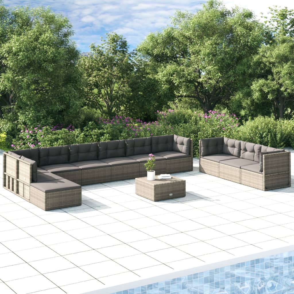 vidaXL 11 Piece Patio Lounge Set with Cushions Gray Poly Rattan-0