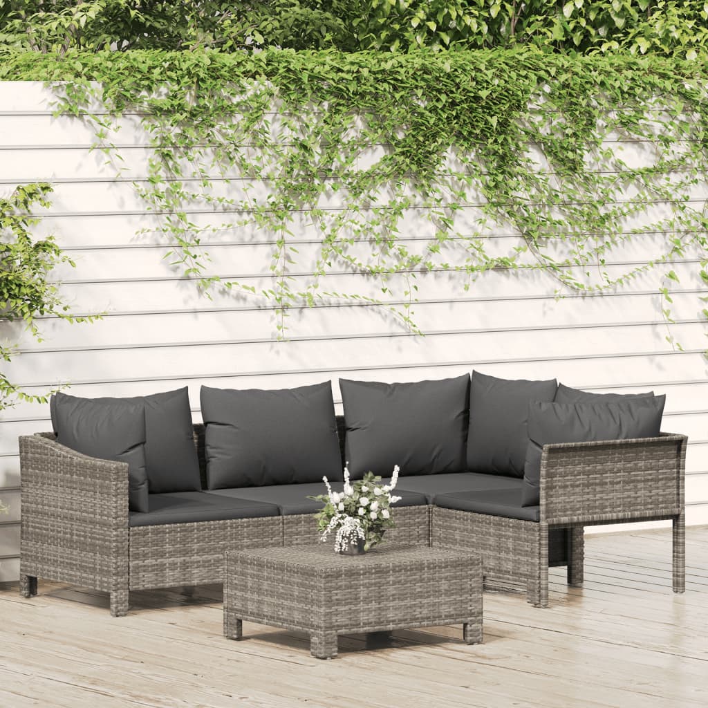 vidaXL 5 Piece Patio Lounge Set with Cushions Gray Poly Rattan-0