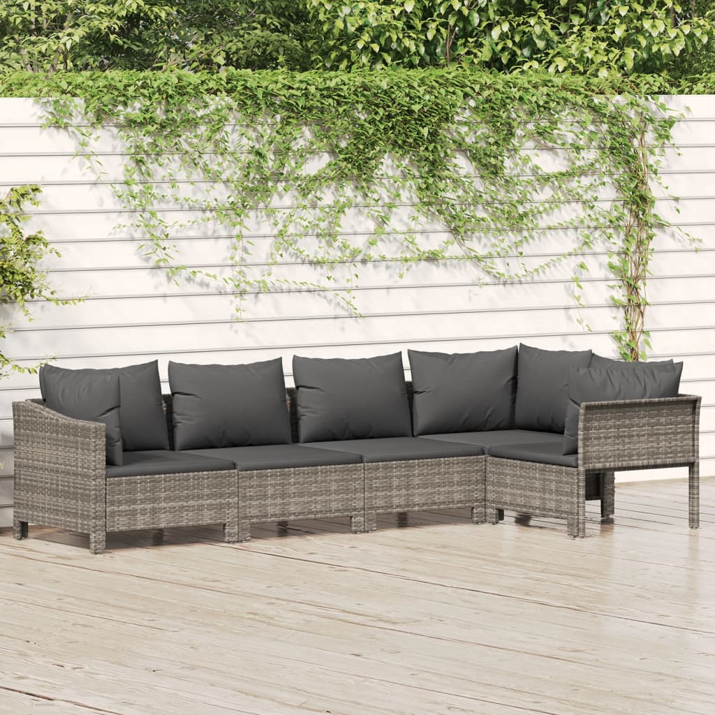 vidaXL 5 Piece Patio Lounge Set with Cushions Gray Poly Rattan-0