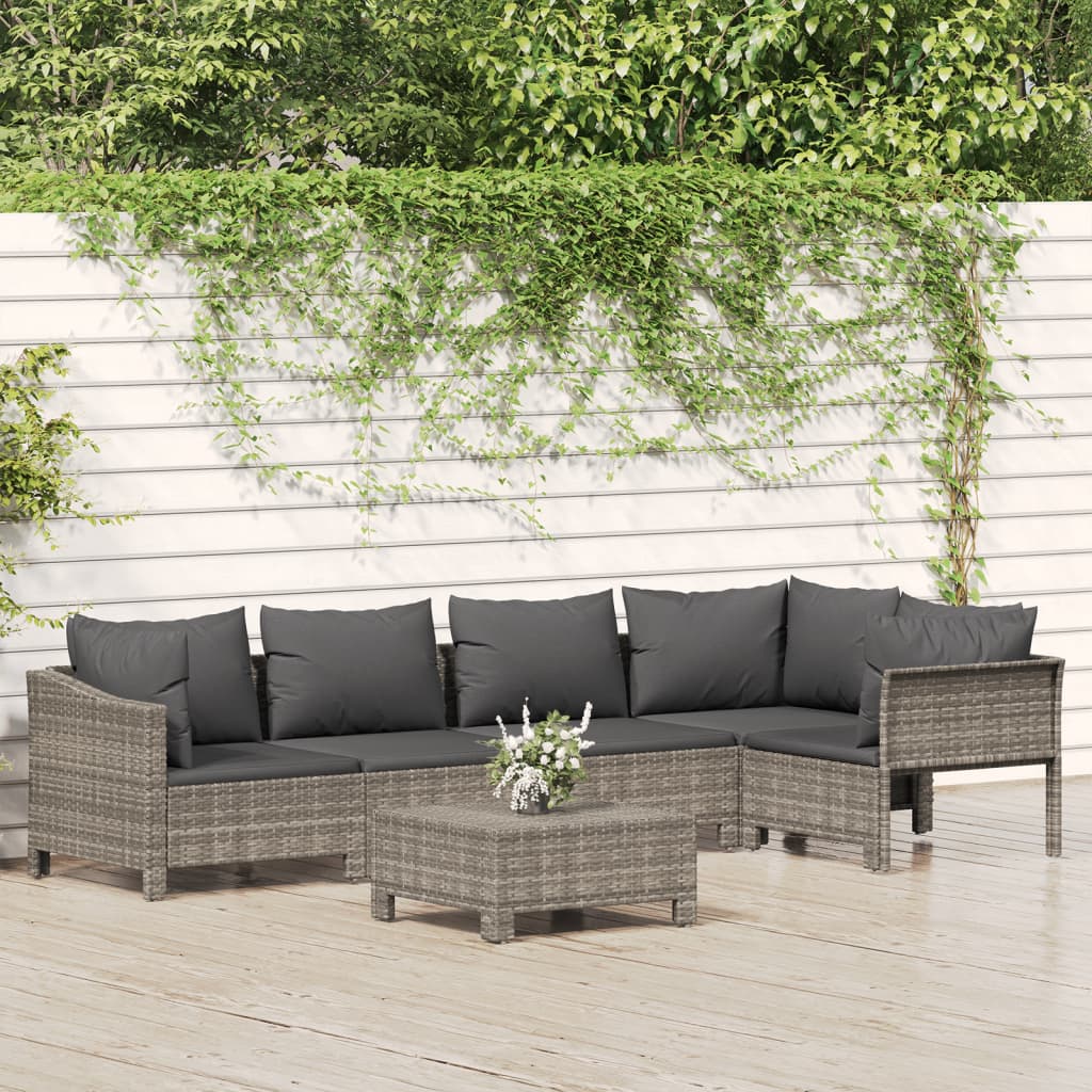 vidaXL 6 Piece Patio Lounge Set with Cushions Gray Poly Rattan-0