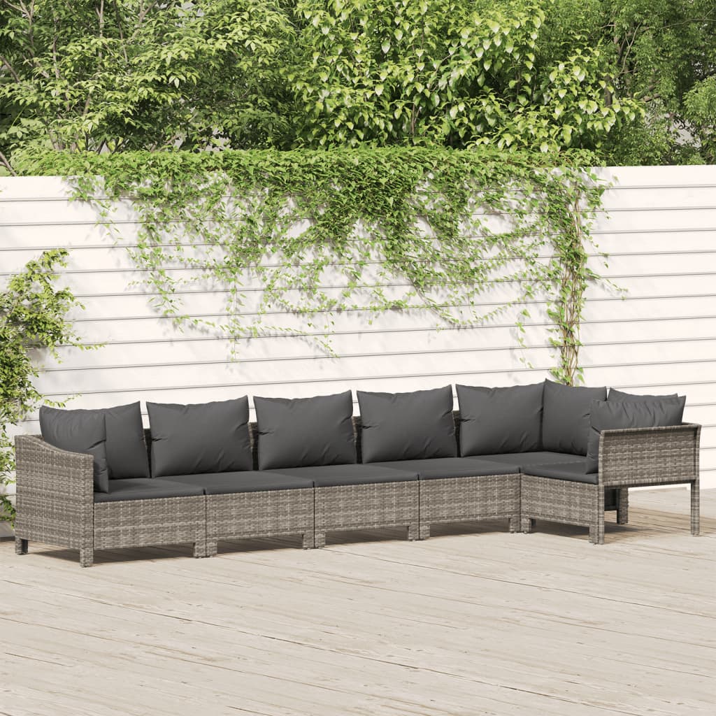 vidaXL 6 Piece Patio Lounge Set with Cushions Gray Poly Rattan-0