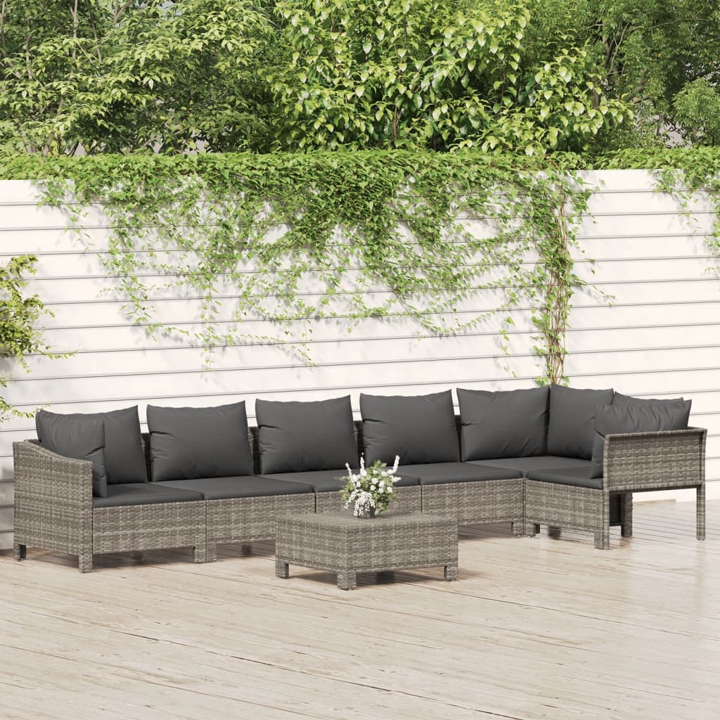 vidaXL 7 Piece Patio Lounge Set with Cushions Gray Poly Rattan-0