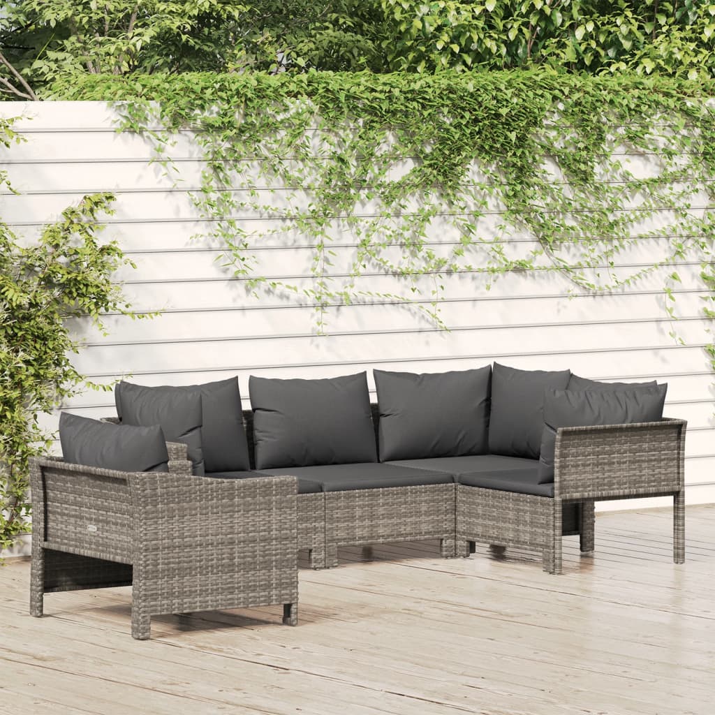 vidaXL 5 Piece Patio Lounge Set with Cushions Gray Poly Rattan-0