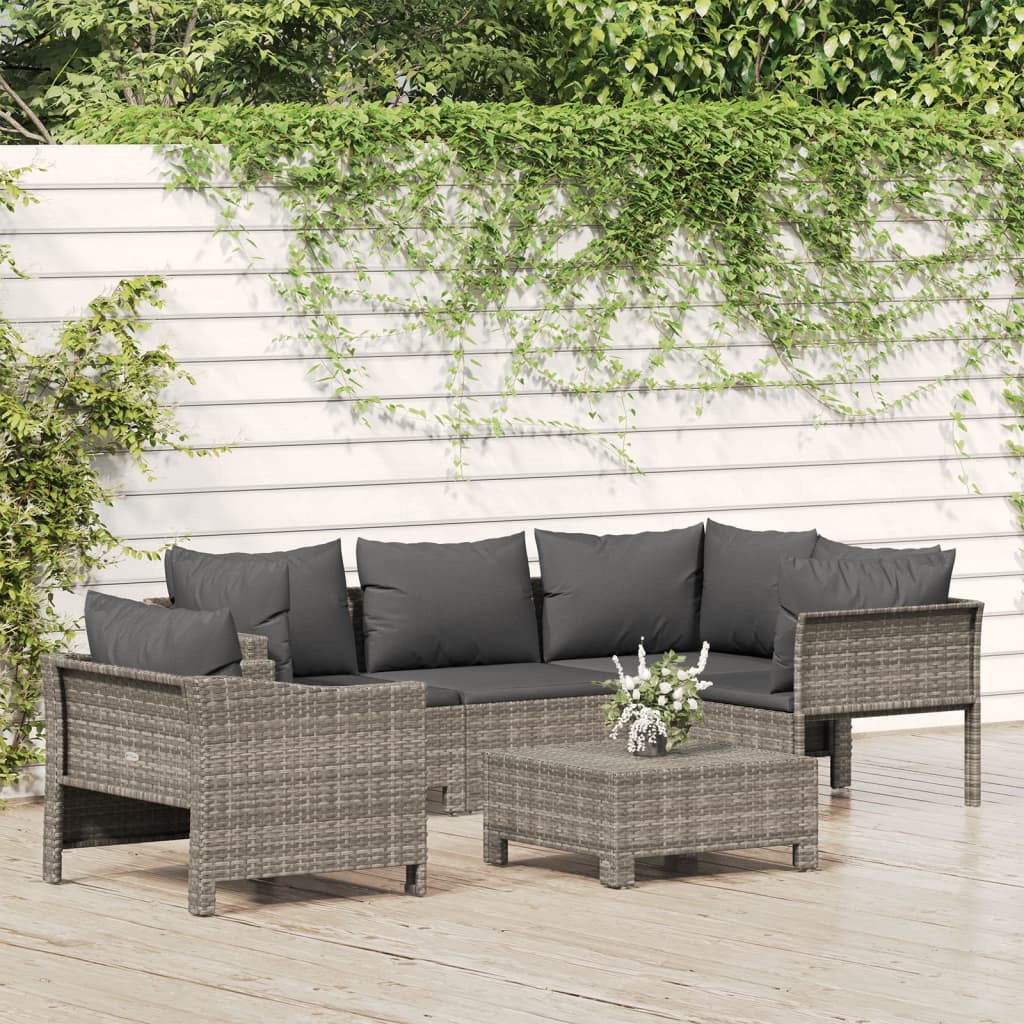 vidaXL 6 Piece Patio Lounge Set with Cushions Gray Poly Rattan-0