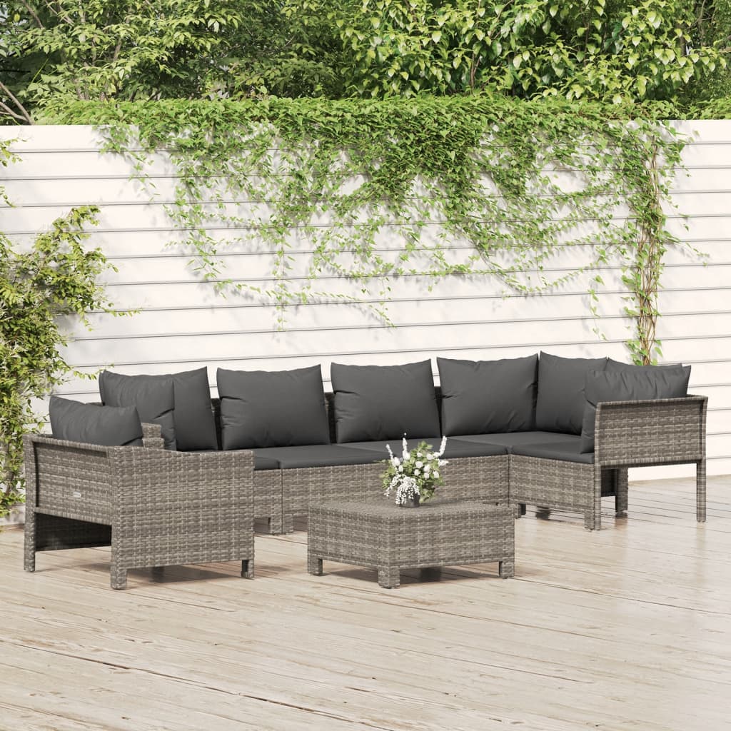 vidaXL 7 Piece Patio Lounge Set with Cushions Gray Poly Rattan-0