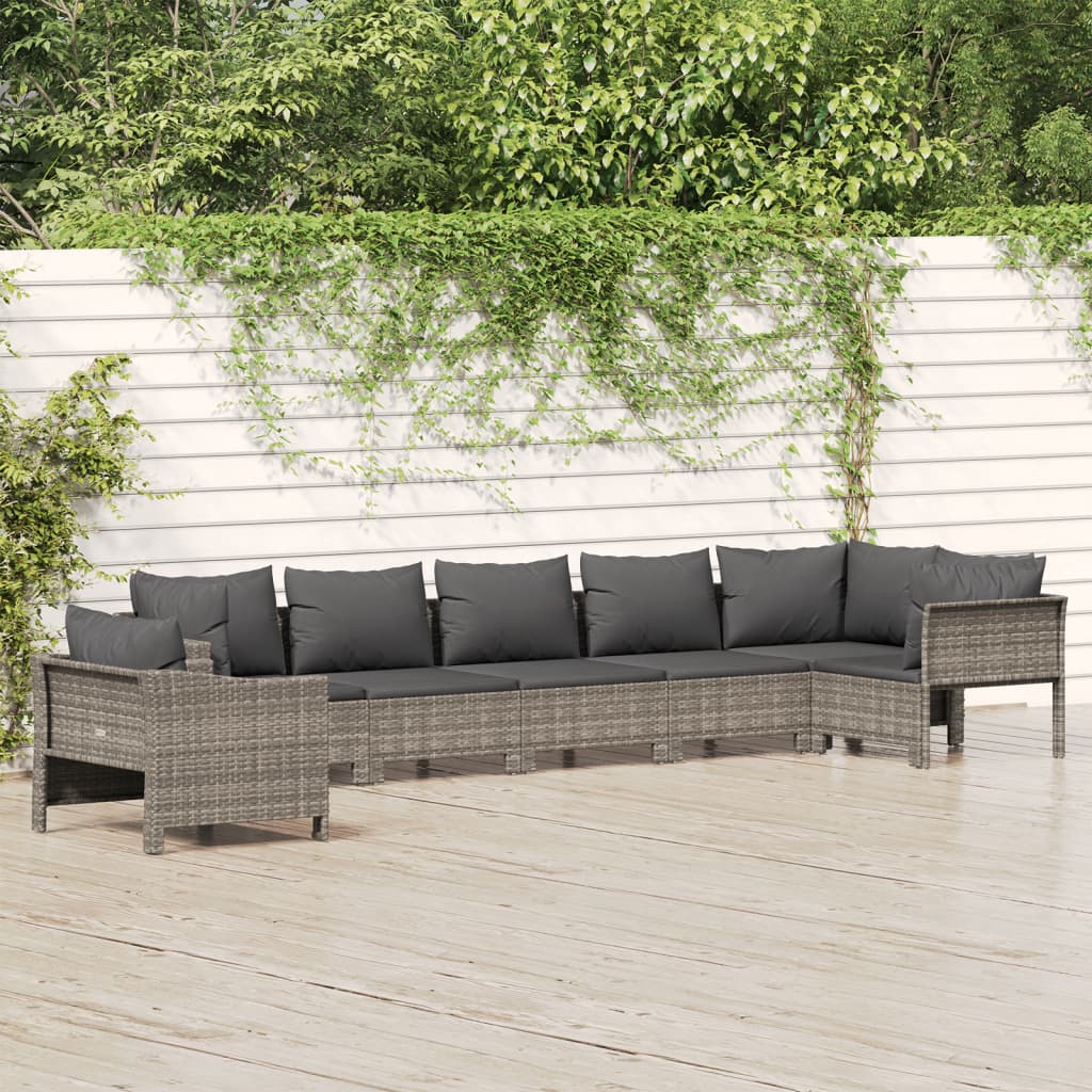 vidaXL 7 Piece Patio Lounge Set with Cushions Gray Poly Rattan-0