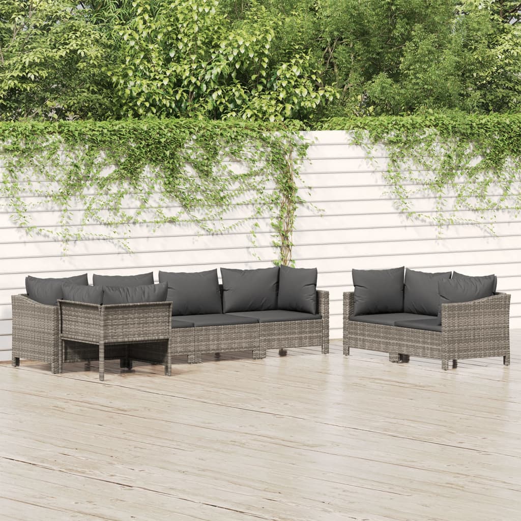 vidaXL 7 Piece Patio Lounge Set with Cushions Gray Poly Rattan-0