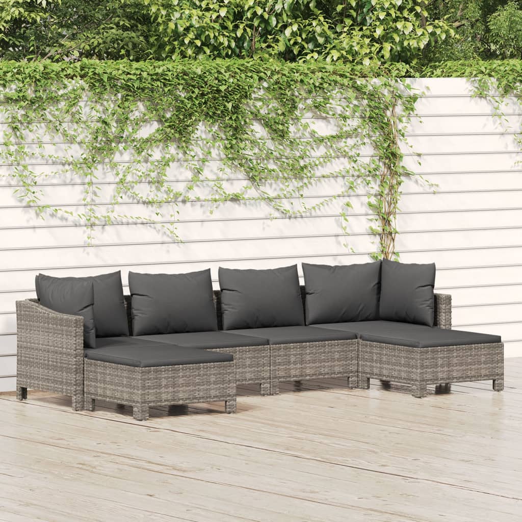 vidaXL 6 Piece Patio Lounge Set with Cushions Gray Poly Rattan-0