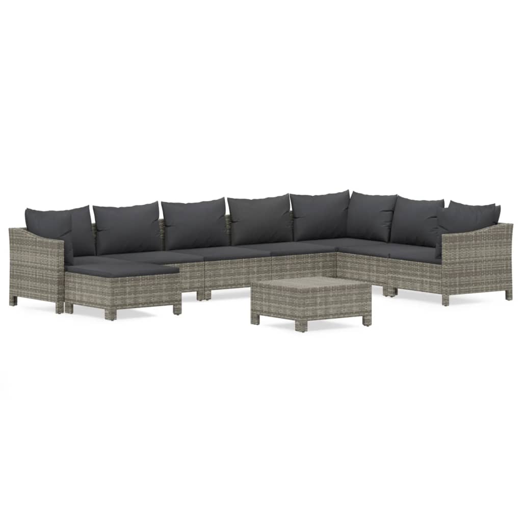 vidaXL 9 Piece Patio Lounge Set with Cushions Gray Poly Rattan-2