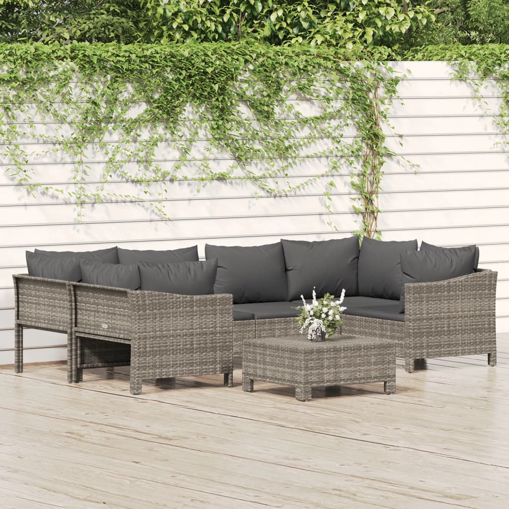 vidaXL 7 Piece Patio Lounge Set with Cushions Gray Poly Rattan-0