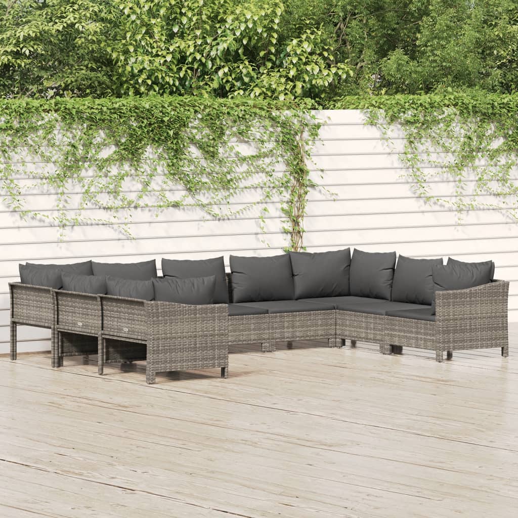 vidaXL 9 Piece Patio Lounge Set with Cushions Gray Poly Rattan-0