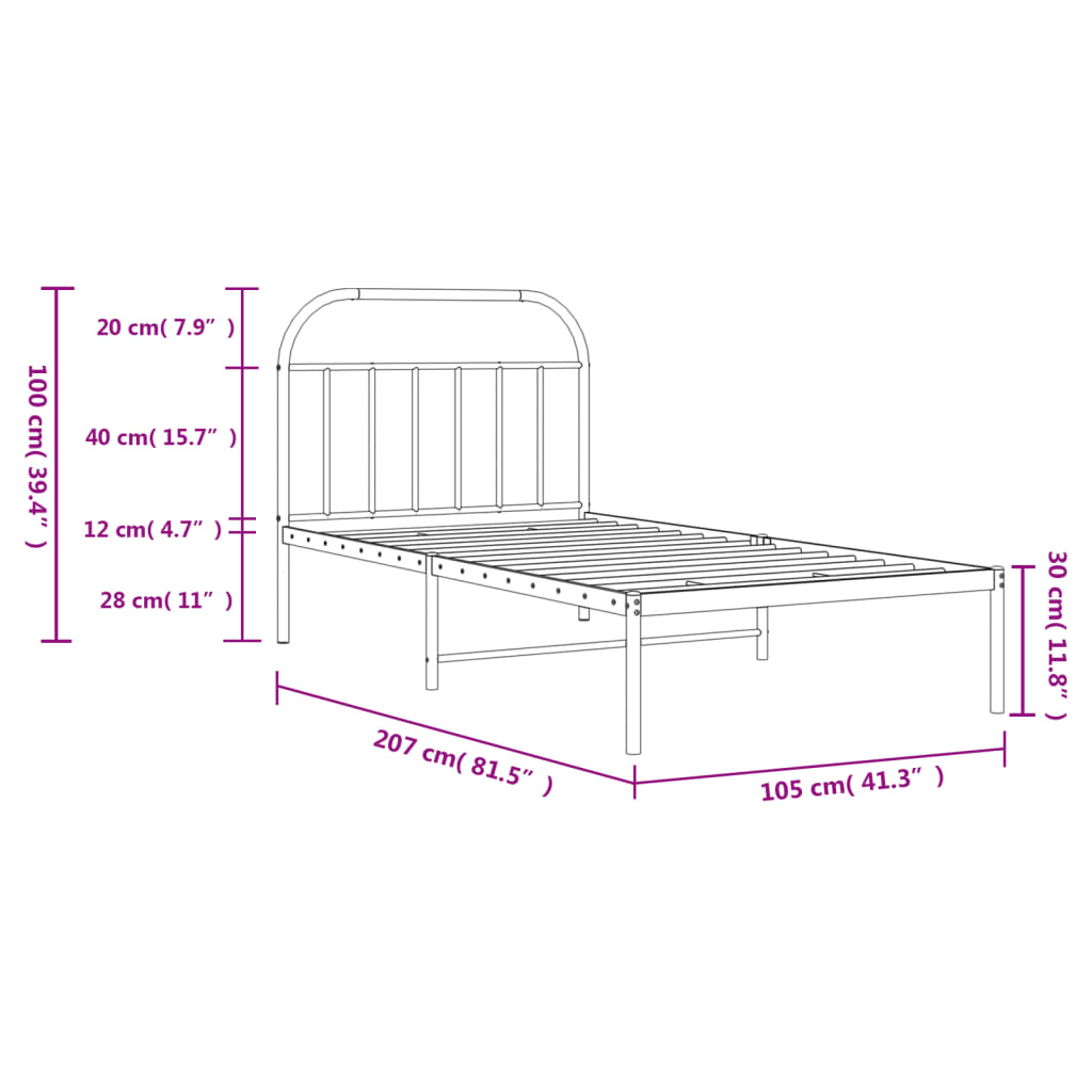 vidaXL Metal Bed Frame with Headboard Black 39.4"x78.7"-9