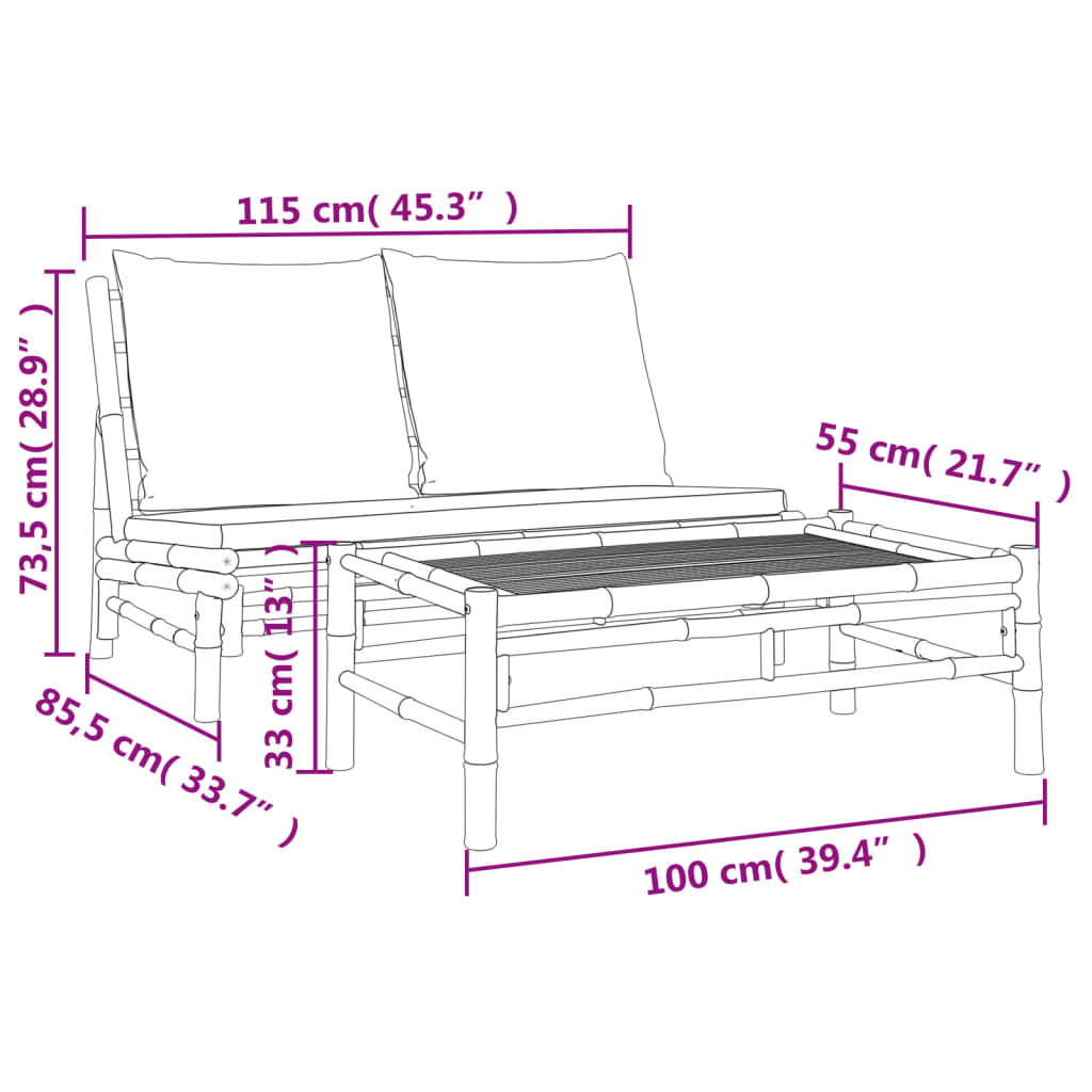 vidaXL 2 Piece Patio Lounge Set with Dark Gray Cushions Bamboo-7