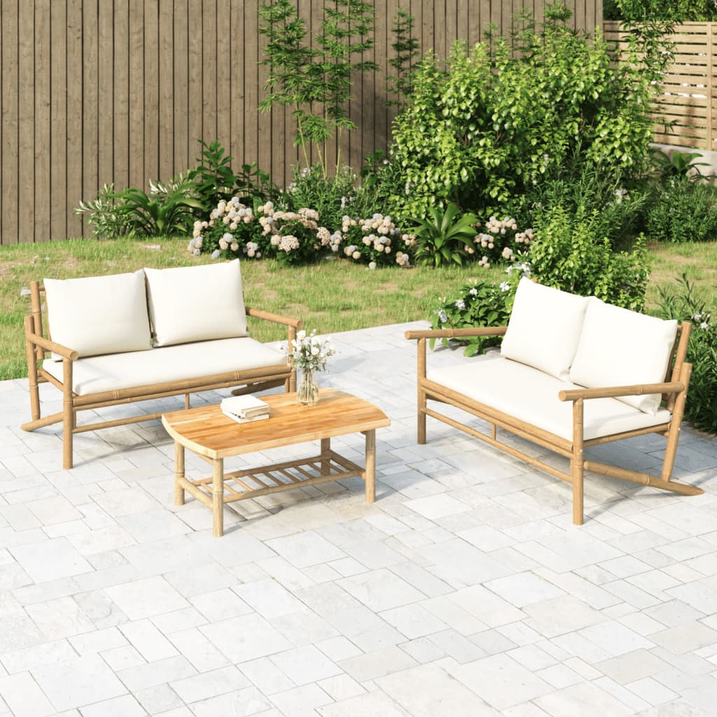 vidaXL 2 Piece Patio Lounge Set with Cream White Cushions Bamboo-0