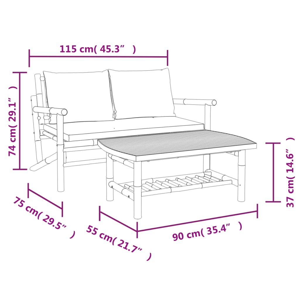 vidaXL 2 Piece Patio Lounge Set with Dark Gray Cushions Bamboo-7