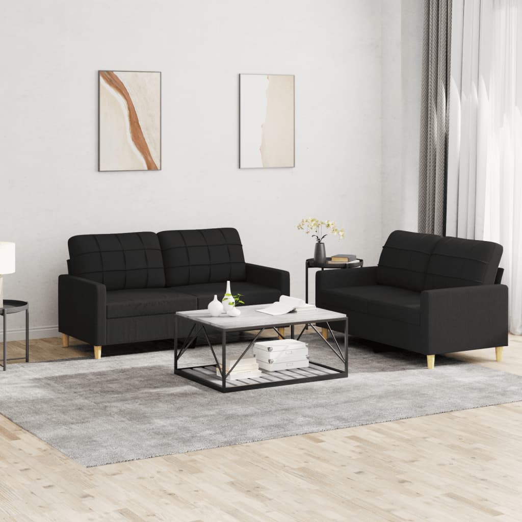 vidaXL 2 Piece Sofa Set with Cushions Black Fabric-0