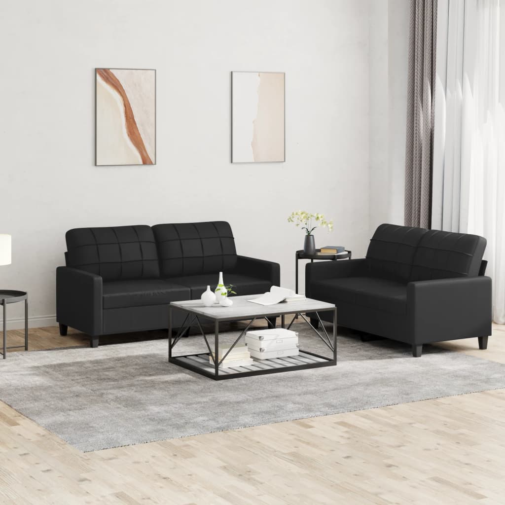 vidaXL 2 Piece Sofa Set with Cushions Black Faux Leather-0