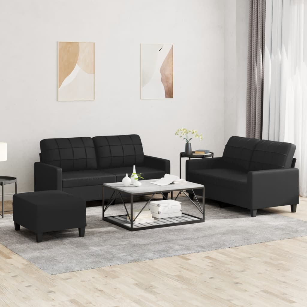 vidaXL 3 Piece Sofa Set with Cushions Black Faux Leather-0