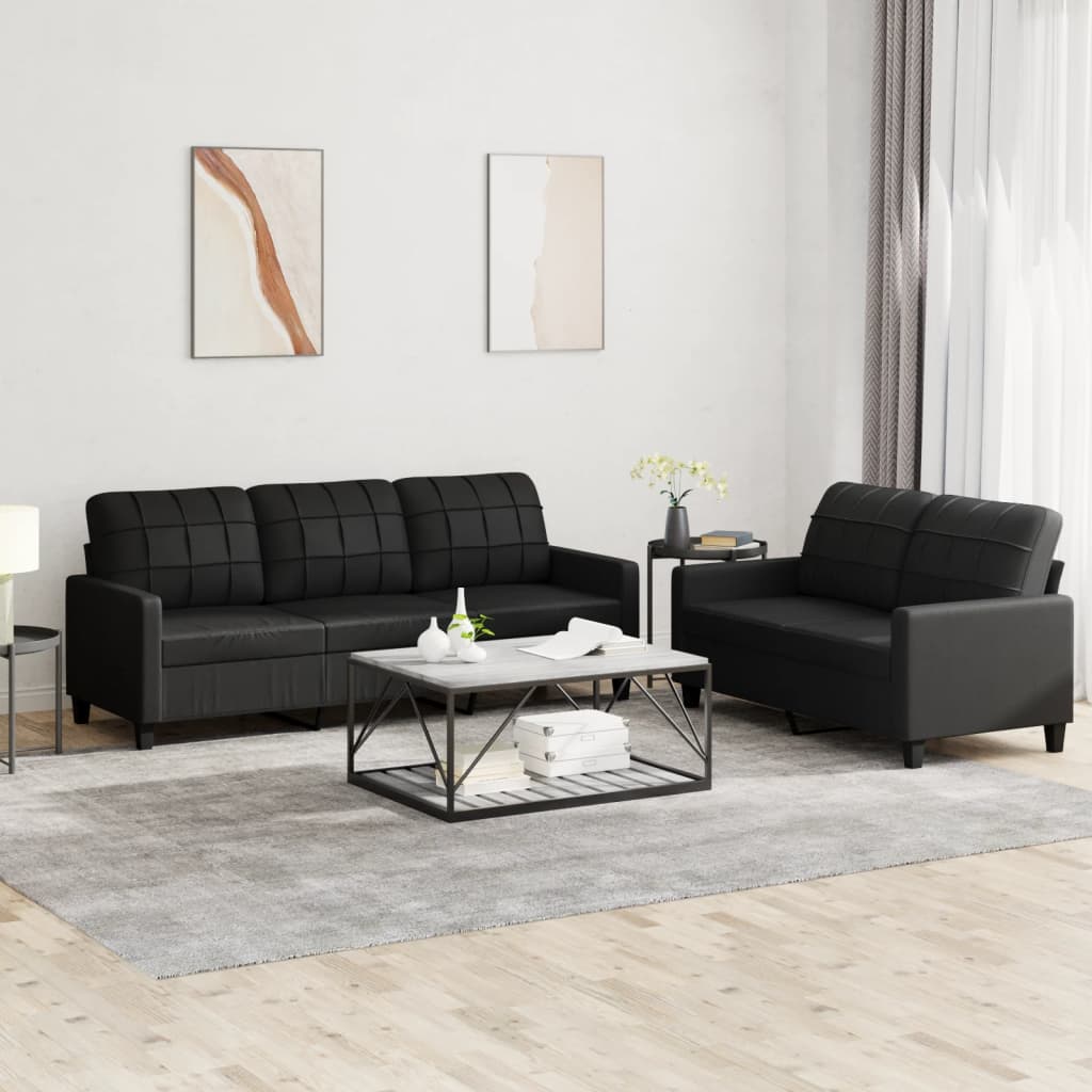 vidaXL 2 Piece Sofa Set with Cushions Black Faux Leather-0