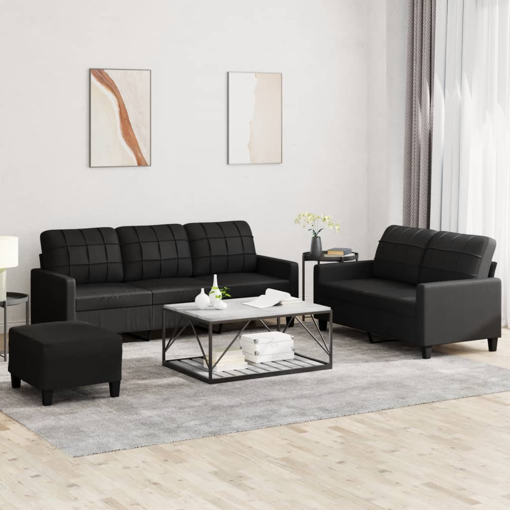 vidaXL 3 Piece Sofa Set with Cushions Black Faux Leather-0