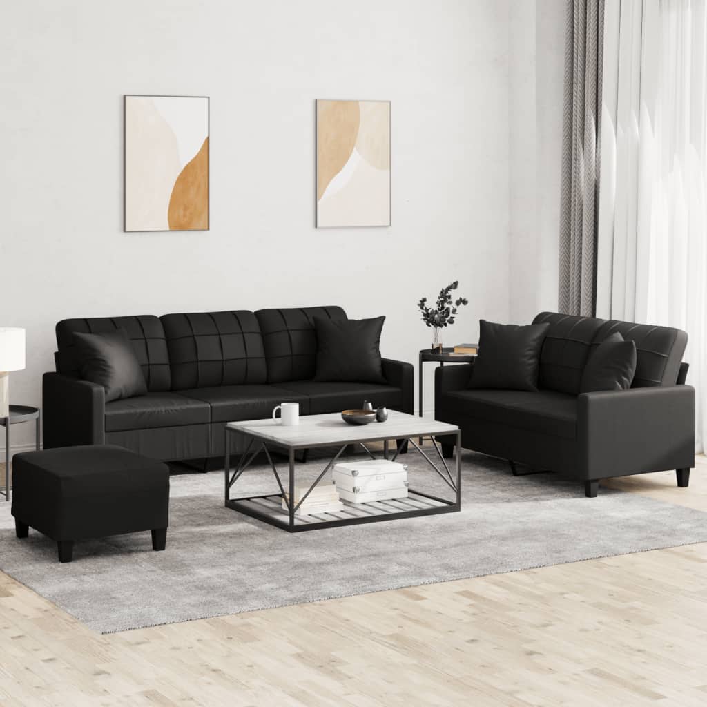 vidaXL 3 Piece Sofa Set with Pillows Black Faux Leather-0