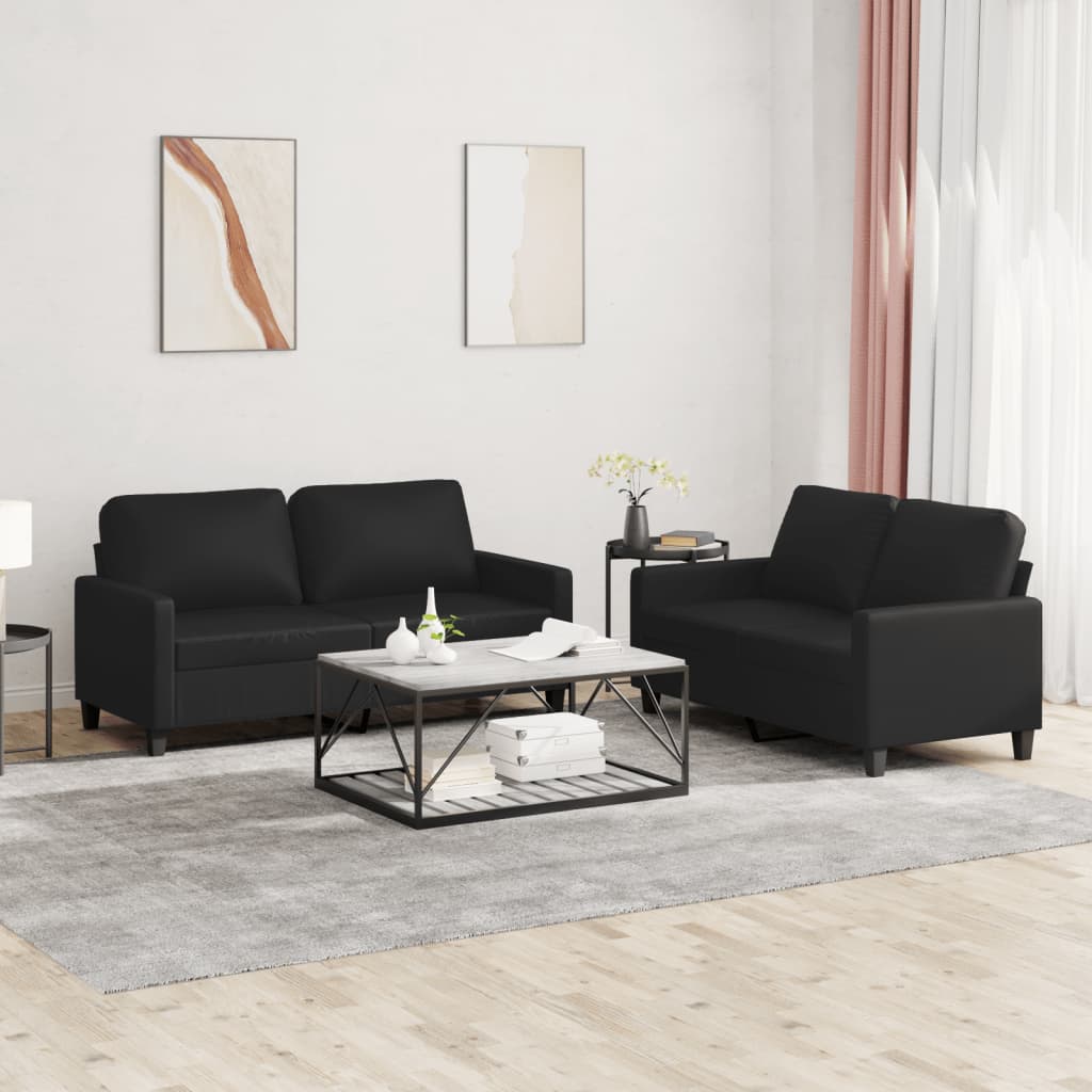 vidaXL 2 Piece Sofa Set with Cushions Black Faux Leather-0