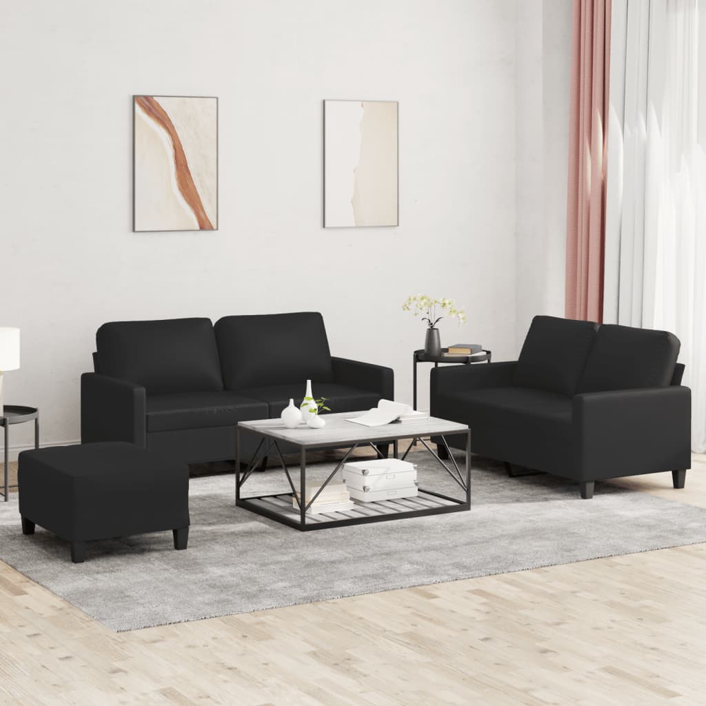 vidaXL 3 Piece Sofa Set with Cushions Black Faux Leather-0