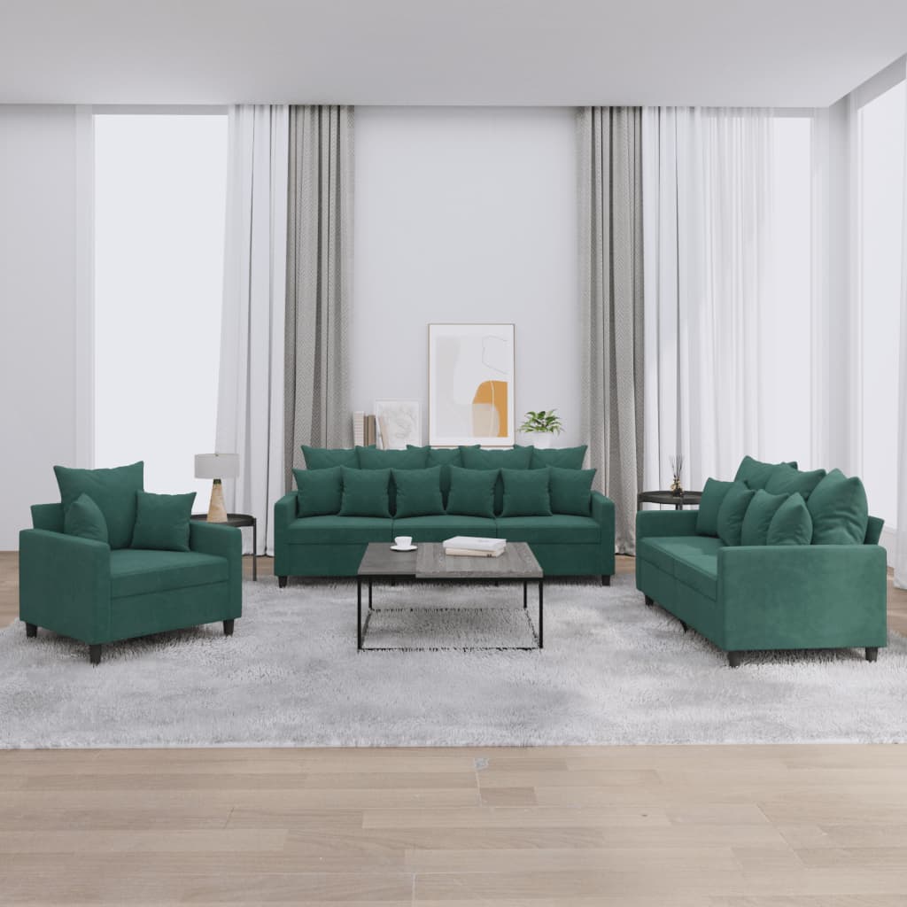 vidaXL 3 Piece Sofa Set with Cushions Dark Green Velvet-0