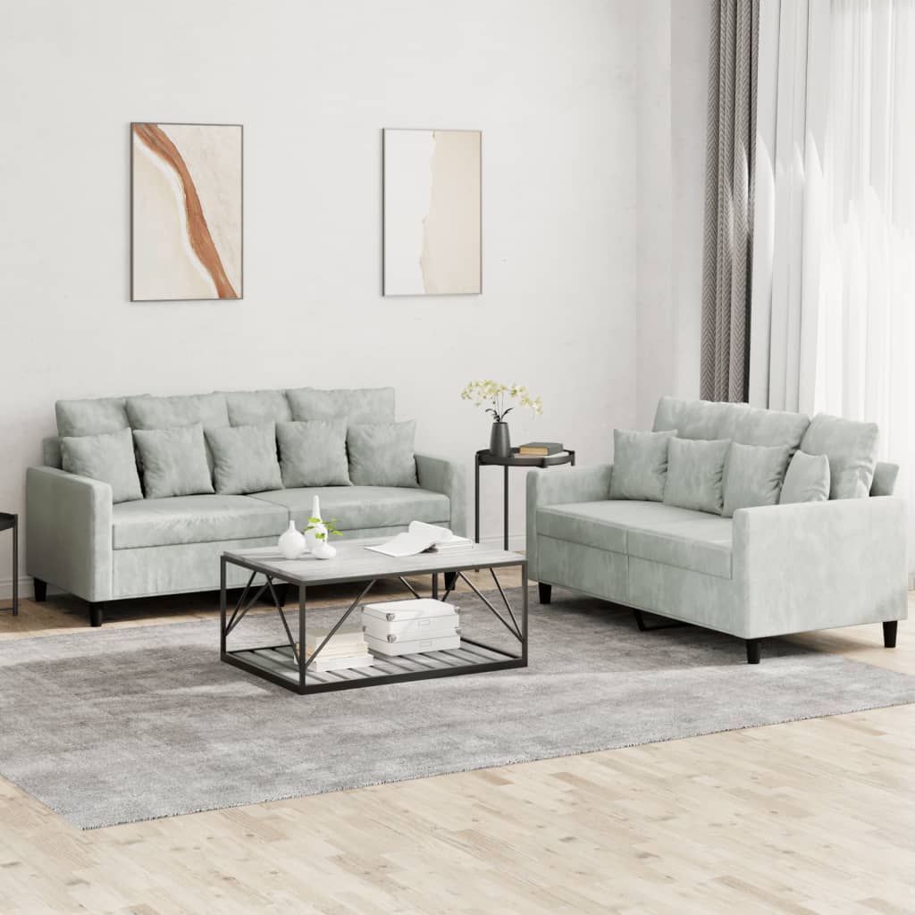 vidaXL 2 Piece Sofa Set with Cushions Light Gray Velvet-0