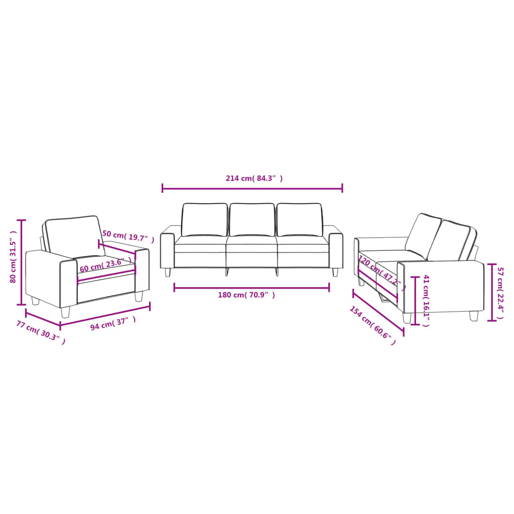 vidaXL 3 Piece Sofa Set Dark Gray Fabric-6