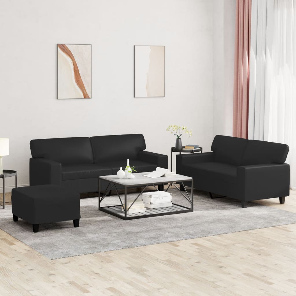 vidaXL 3 Piece Sofa Set Black Faux Leather-0