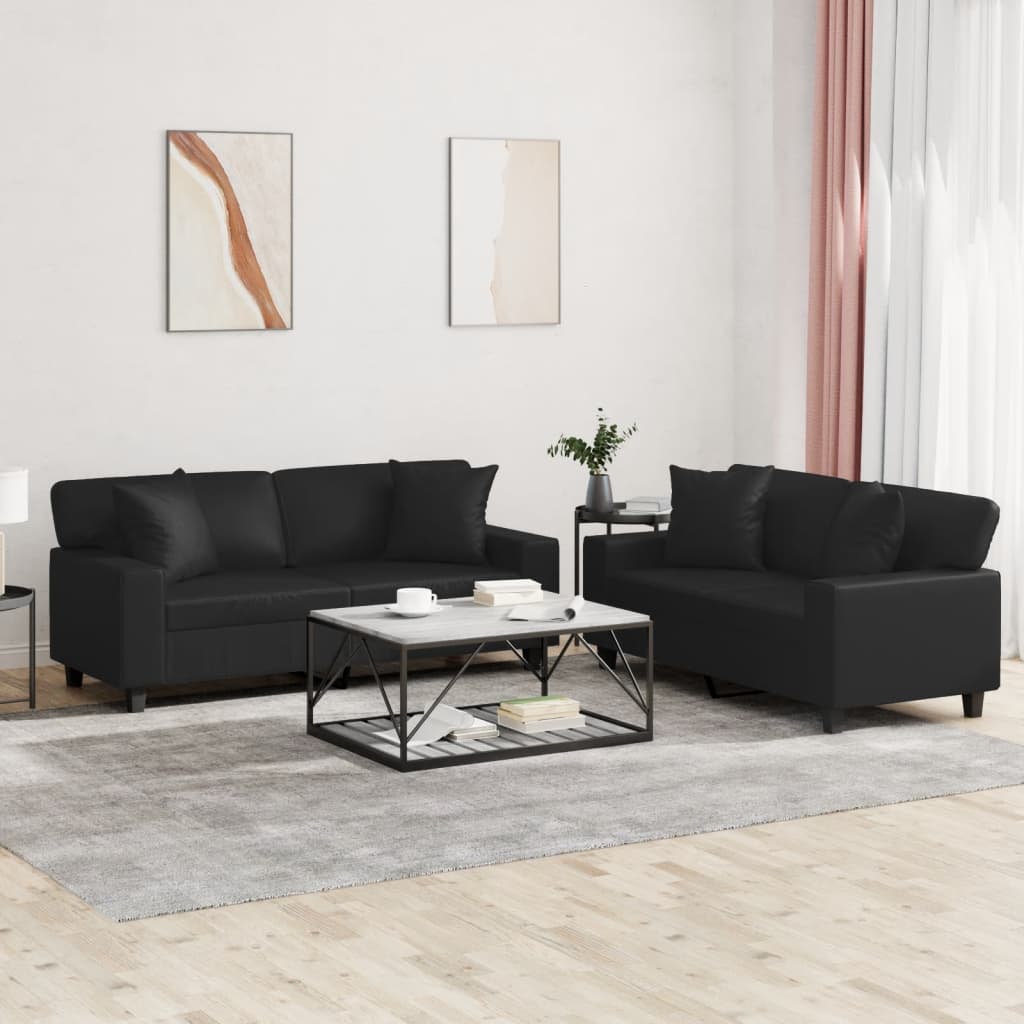 vidaXL 2 Piece Sofa Set with Pillows Black Faux Leather-0