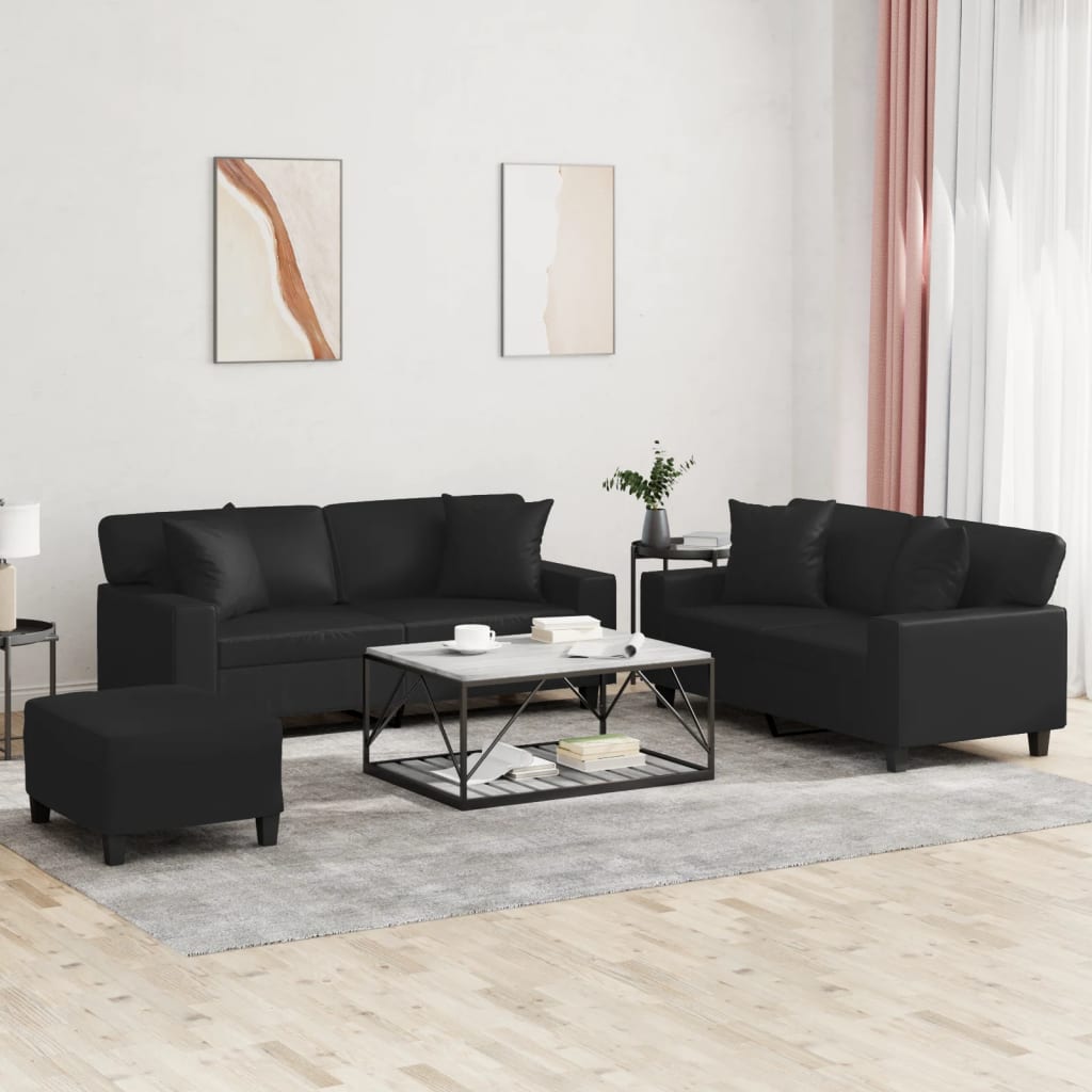 vidaXL 3 Piece Sofa Set with Pillows Black Faux Leather-0