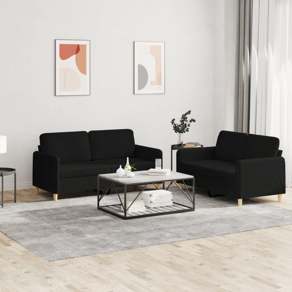 vidaXL 2 Piece Sofa Set with Cushions Black Fabric-0