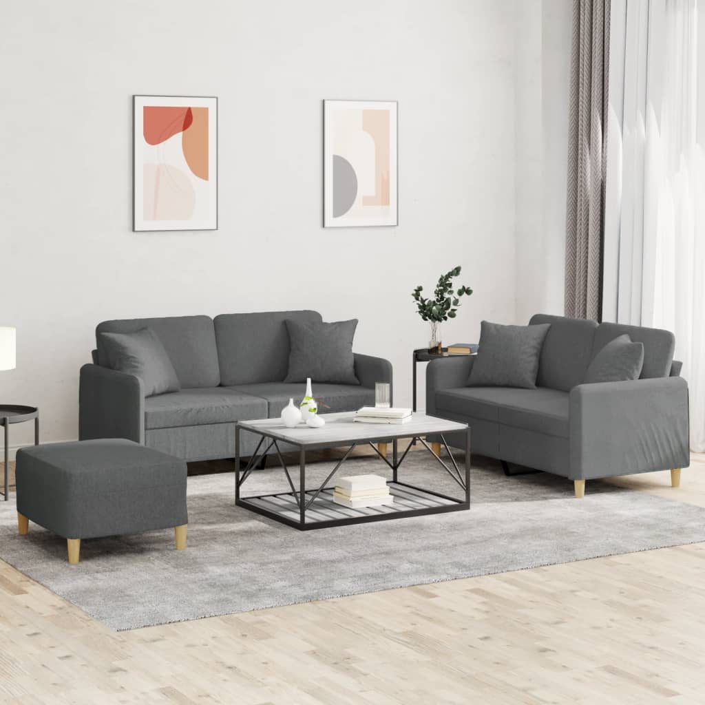 vidaXL 3 Piece Sofa Set with Pillows Dark Gray Fabric-0