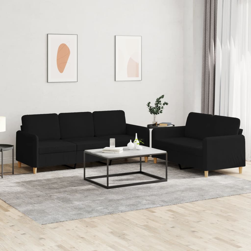 vidaXL 2 Piece Sofa Set with Cushions Black Fabric-0