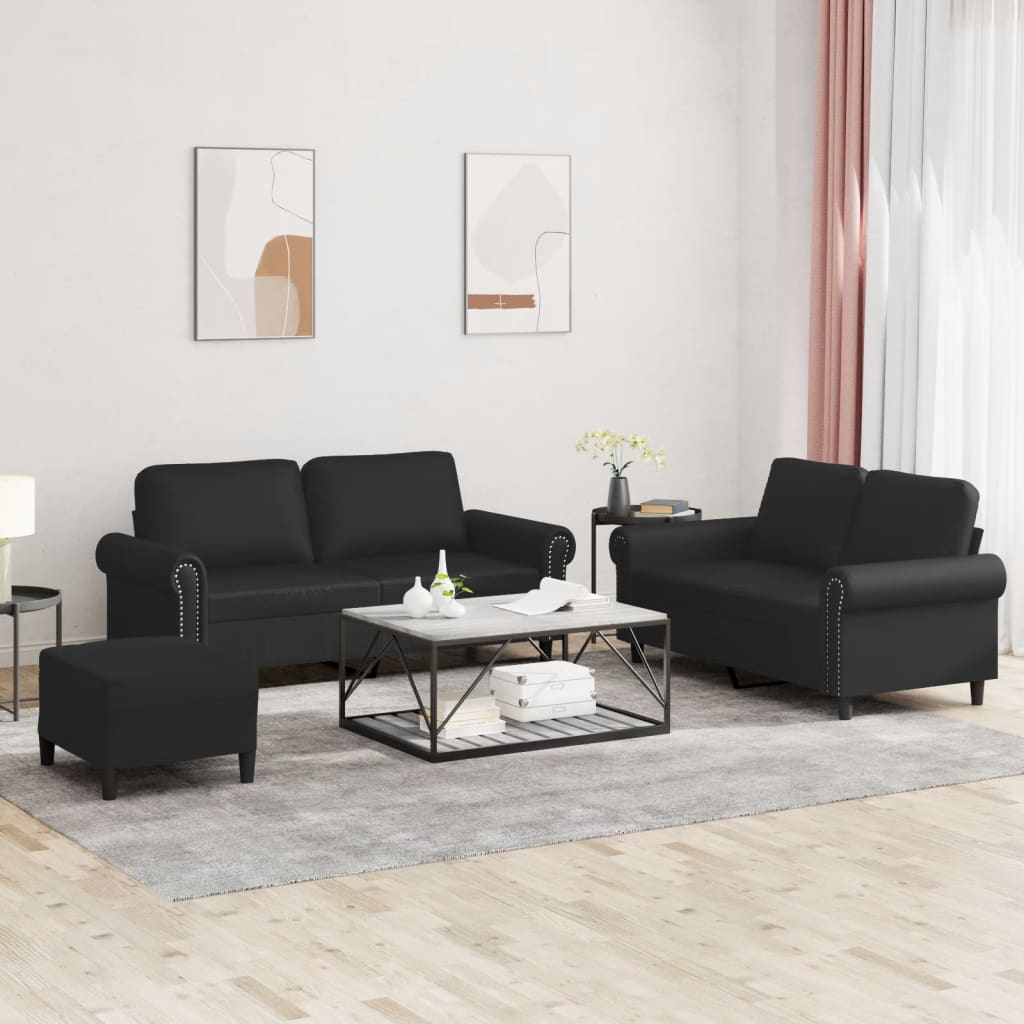 vidaXL 3 Piece Sofa Set with Cushions Black Faux Leather-0