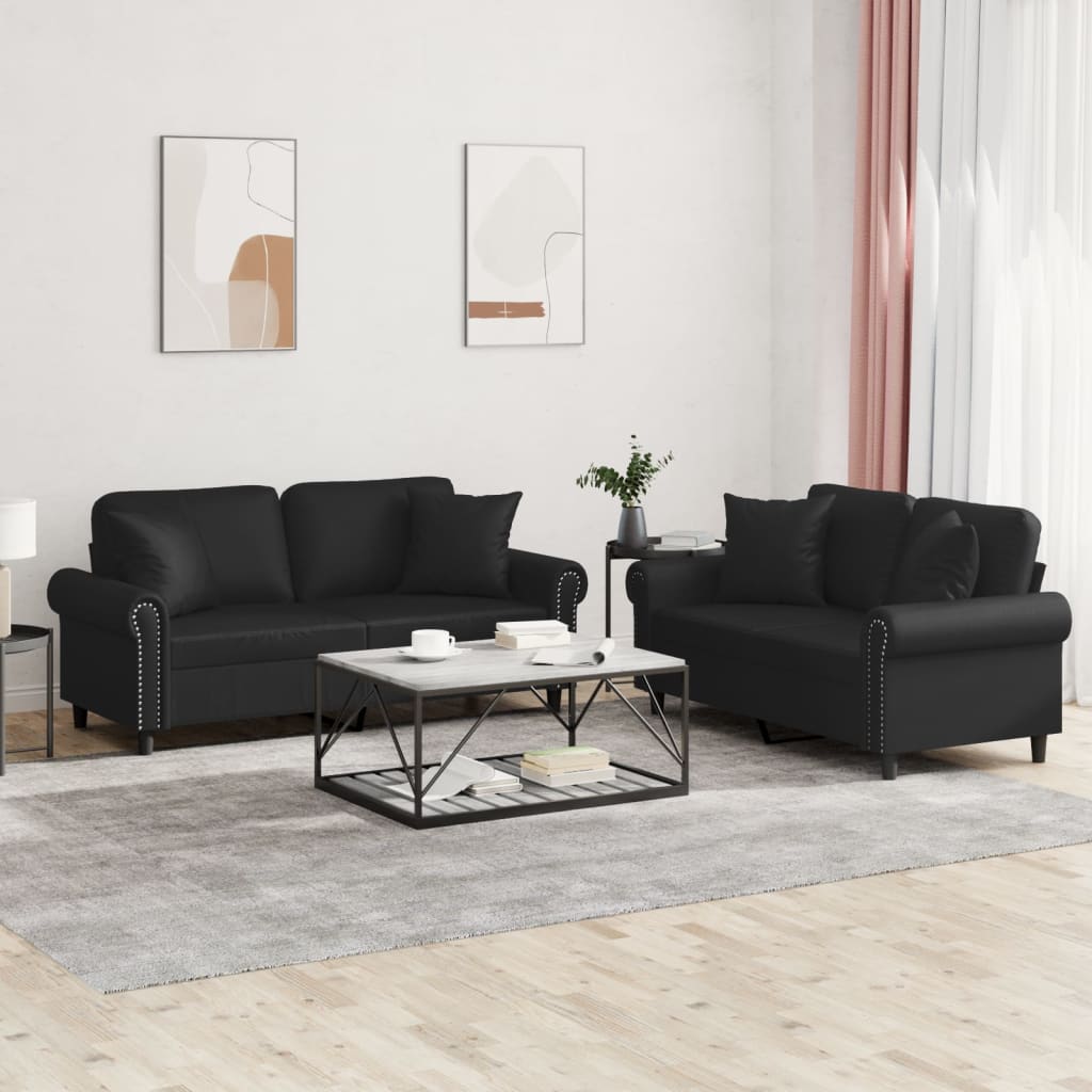 vidaXL 2 Piece Sofa Set with Pillows Black Faux Leather-0