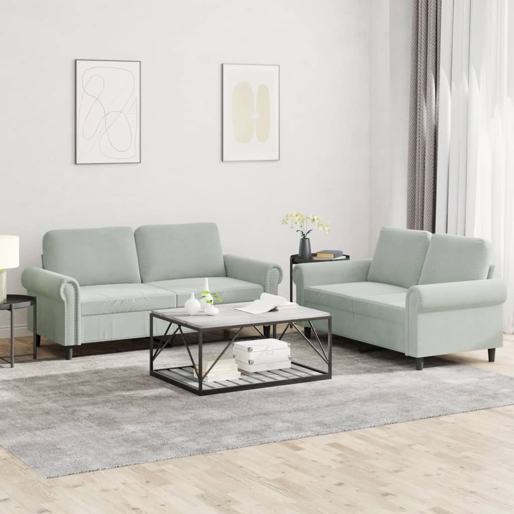 vidaXL 2 Piece Sofa Set with Cushions Light Gray Velvet-0