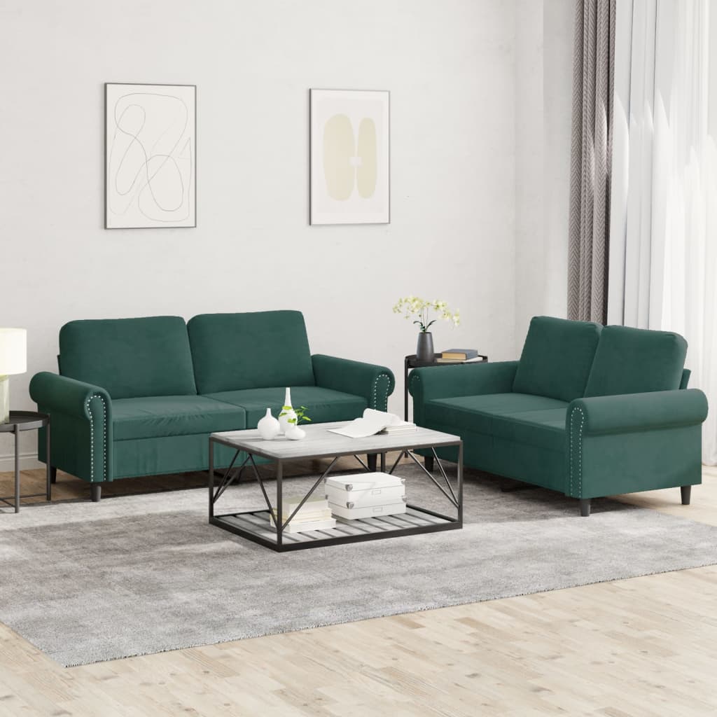 vidaXL 2 Piece Sofa Set with Cushions Dark Green Velvet-0