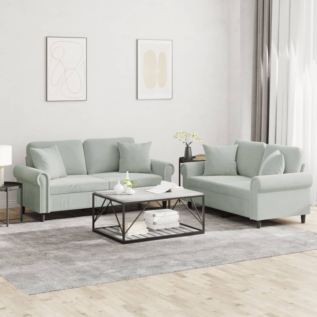 vidaXL 2 Piece Sofa Set with Pillows Light Gray Velvet-0