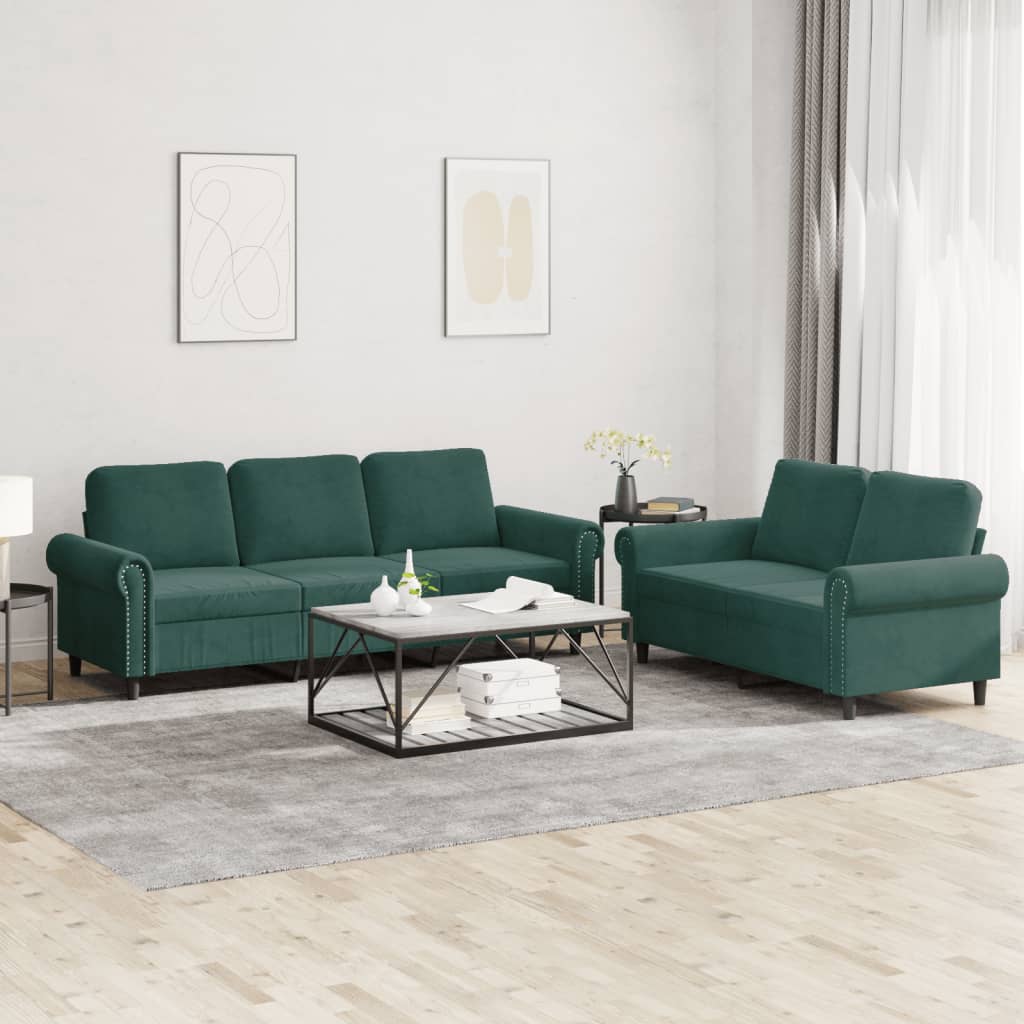 vidaXL 2 Piece Sofa Set with Cushions Dark Green Velvet-0