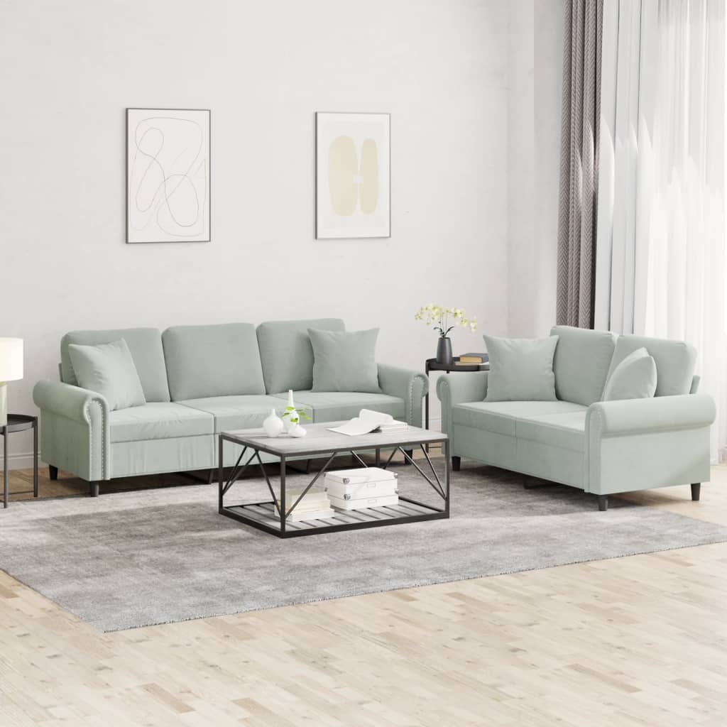 vidaXL 2 Piece Sofa Set with Pillows Light Gray Velvet-0