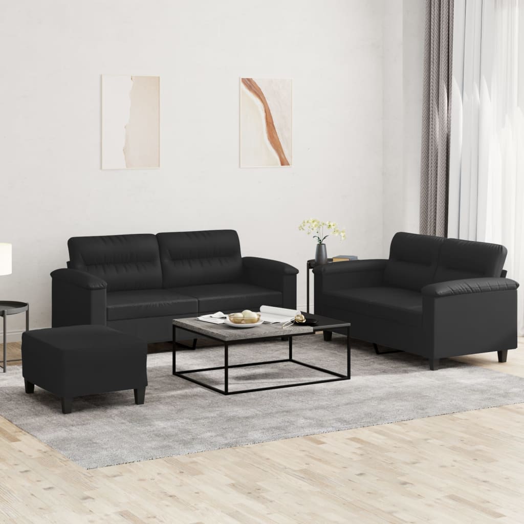 vidaXL 3 Piece Sofa Set with Cushions Black Faux Leather-0